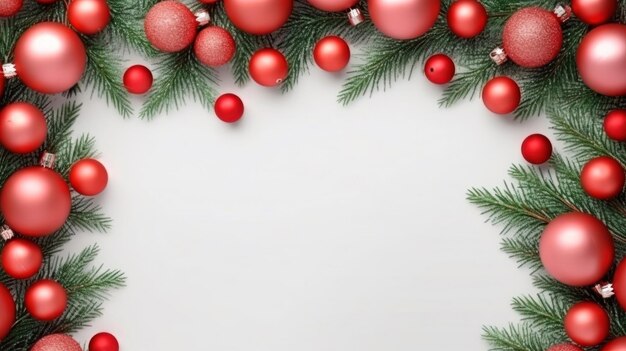 a christmas wreath with red balls and a christmas tree on a white background.