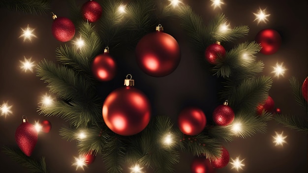 Рождественский венок с красными безделушками и еловыми ветками на темном фоне