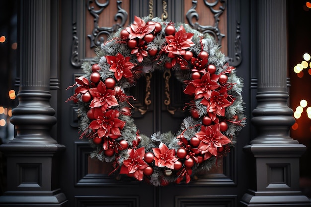 Christmas wreath with red berries on the background of the city street