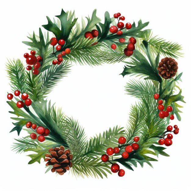 a christmas wreath with red berries and pine cones