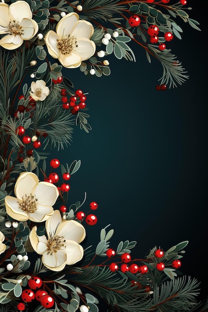 Photo christmas wreath with white flowers and berries on a dark blue background