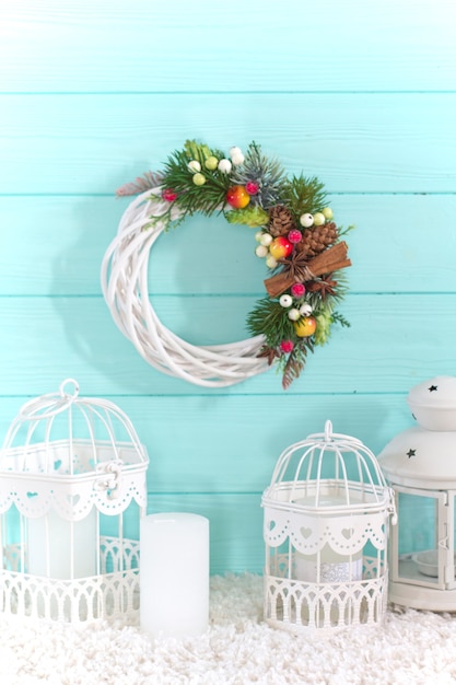 Christmas wreath on a wooden background