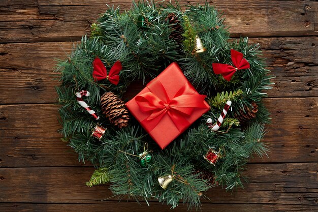 Christmas wreath on wooden