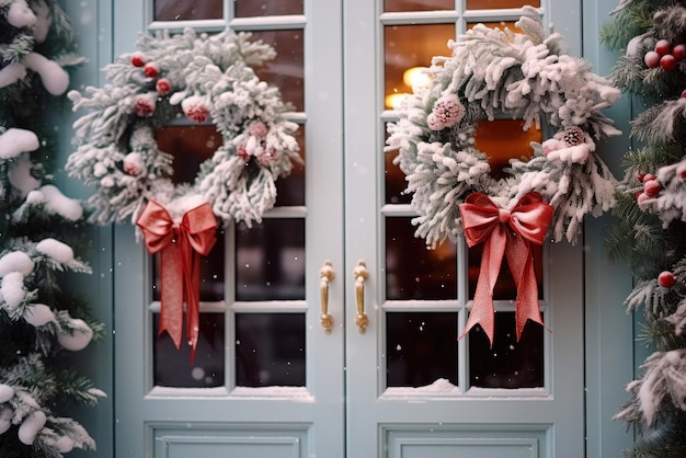 Christmas wreaths on the front doors of the house