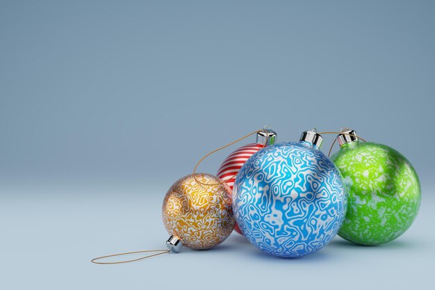 ChristmasNew jaar kerstboom speelgoed ballen van verschillende kleuren close-up op blauwe background3D Rendering