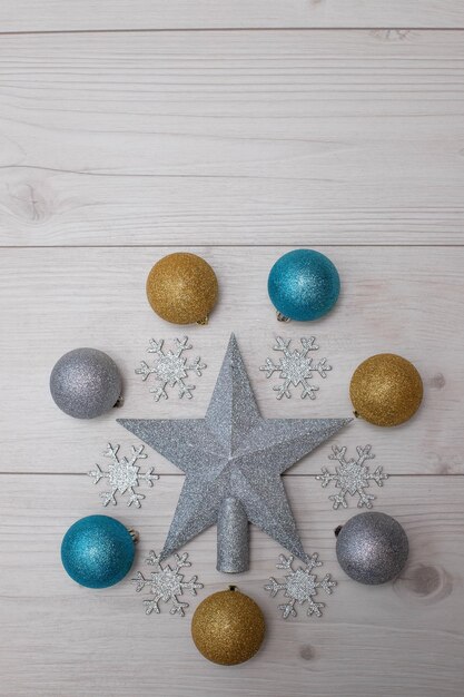 Christmass flatlay christmas tree toys and silver star decor