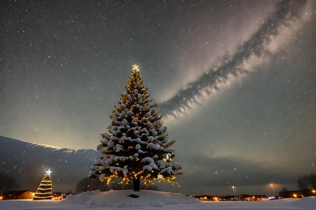 Foto albero di natale nel tempo nevoso di notte