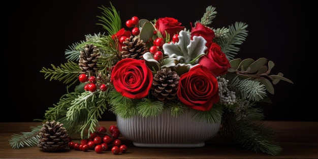 Рождественская композиция с розами, еловыми ветвями и зимними ягодами