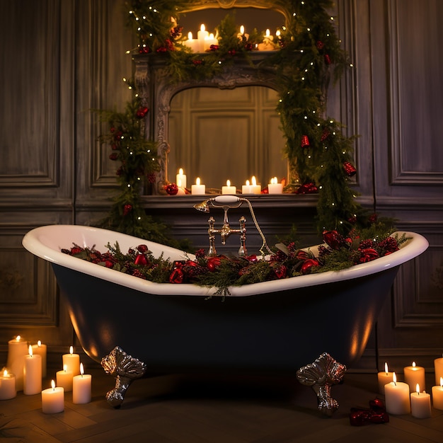 Рождественская ванная комната с праздничными ароматическими свечами