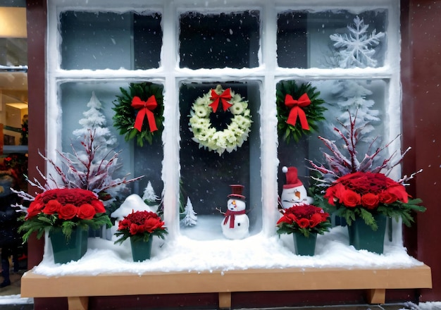 Foto disposizioni floreali a tema natalizio in una vetrina innevata