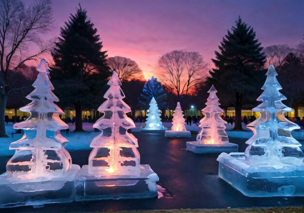 Photo christmasthemed ice sculptures in a park during twilight