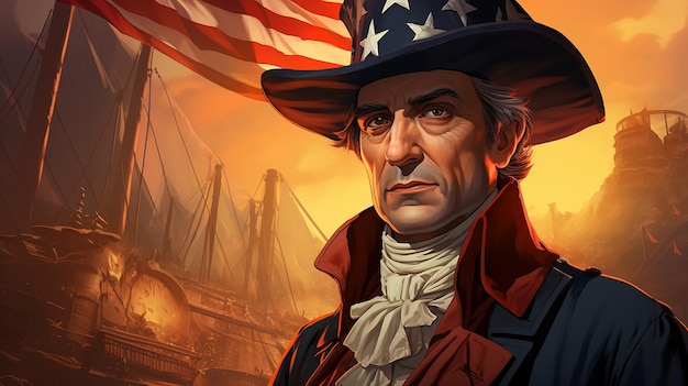 Christopher Columbus cartoon afbeelding met Amerikaanse vlag achtergrond