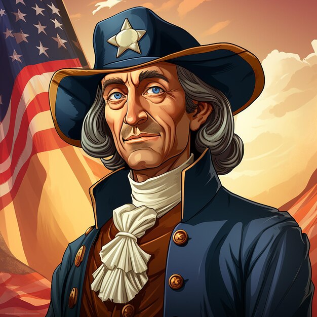 Christopher Columbus cartoon image with american flag background