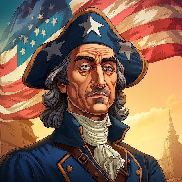 Christopher Columbus cartoon image with american flag background