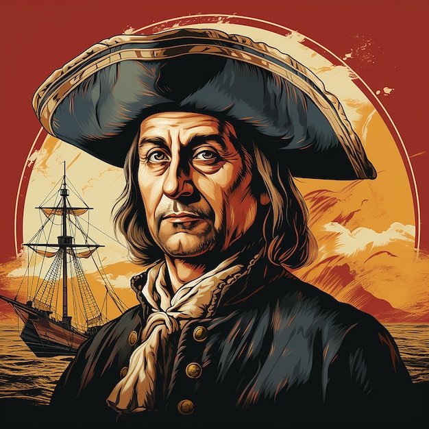 Christopher Columbus cartoon image with american flag background