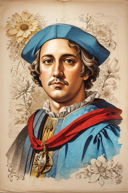 Christopher Columbus wears a blue hat and red scarf in a painting