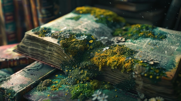 Chromatic moss creeps over ancient texts a surreal blend of knowledge and nature