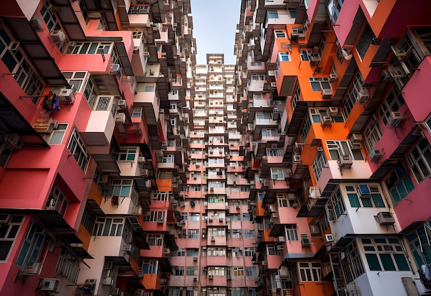 Chromatisch stadsbeeld De veelkleurige gebouwen van Hong Kong in volle pracht