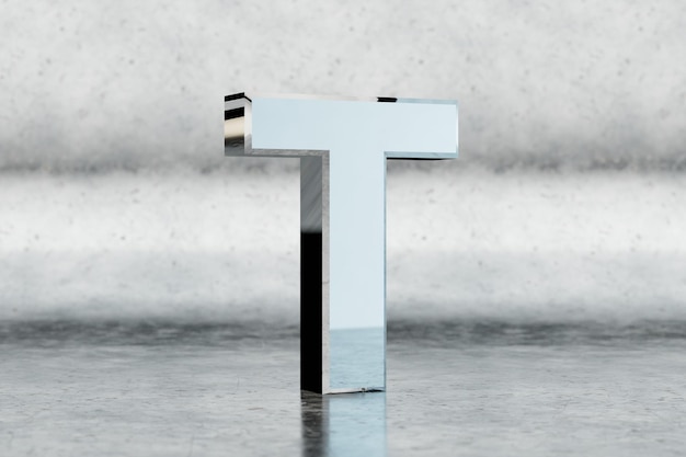 Хром 3d буква T в верхнем регистре. Глянцевая хромированная буква на поцарапанном металлическом фоне. Металлический алфавит с отражениями студийного света. 3D визуализированный символ шрифта.