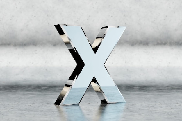 Chrome 3d letter X hoofdletters. Glanzende chromen letter op gekraste metalen achtergrond. Metallic alfabet met studio lichtreflecties. 3D-gerenderde lettertype karakter.