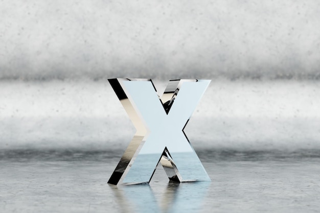 Chrome 3d letter X lowercase. Glossy chrome letter on scratched metal background. Metallic alphabet with studio light reflections. 3d rendered font character.