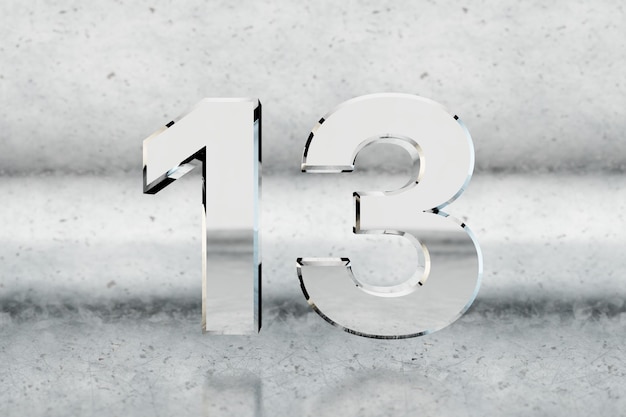 Chrome 3d number 13. Glossy chrome number on scratched metal background. Metallic digit with studio light reflections. 3d render.