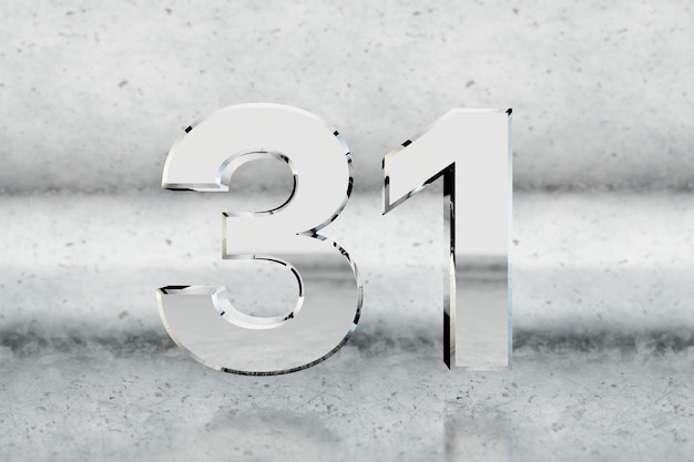 Фото Хром 3d номер 31. глянцевый хром номер на поцарапанном металлическом фоне. металлическая цифра с отражениями студийного света. 3d визуализация.