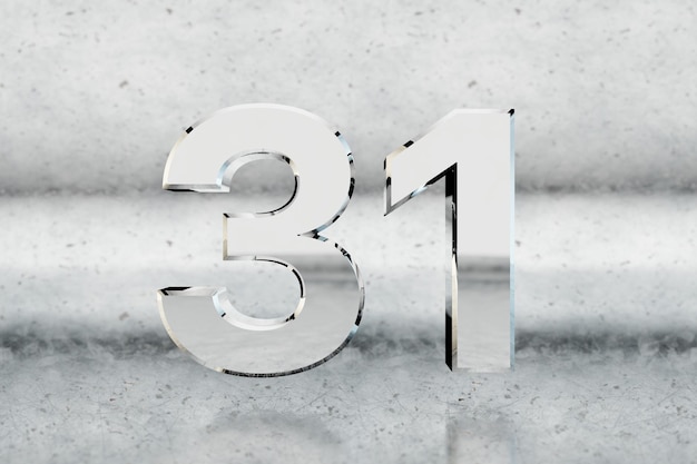 Chrome 3d number 31. Glossy chrome number on scratched metal background. Metallic digit with studio light reflections. 3d render.