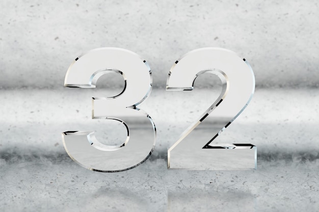 Chrome 3d number 32. Glossy chrome number on scratched metal background. Metallic digit with studio light reflections. 3d render.