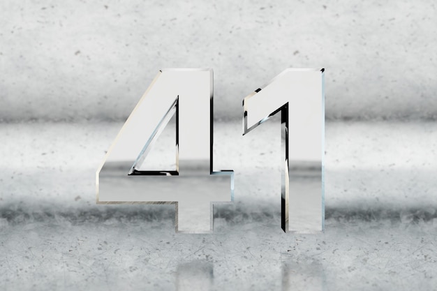 Фото Хром 3d №41. глянцевый хромированный номер на поцарапанном металлическом фоне. металлическая цифра с отражениями студийного света. 3d визуализация.