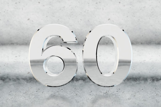 Chrome 3d number 60. Glossy chrome number on scratched metal background. Metallic digit with studio light reflections. 3d render.