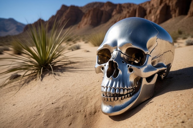 Chrome dinosaur skull artifact lying half buried in windswept desert scene defines through visual