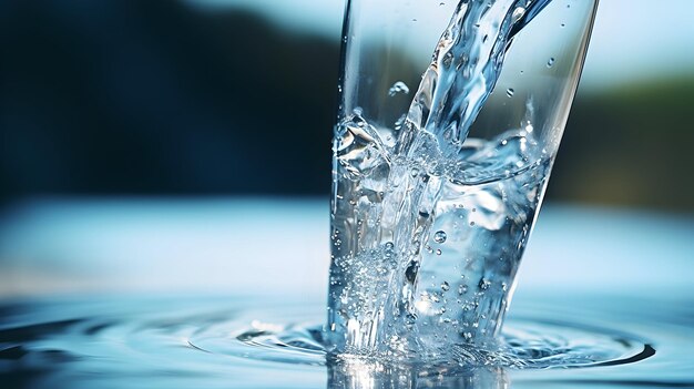 クローム製の水栓が水晶のような透明なガラスに水を注いで爽やかな瞬間を過ごしています