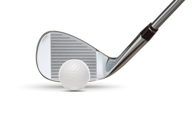 Photo chrome golf club wedge iron and golf ball on white background