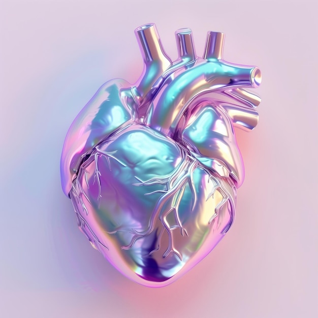 Фото Хромированное человеческое сердце в голографическом стиле, глянцевая пастельная иридесса, бьющееся сердце на розовом фоне.