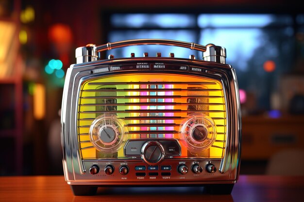 Photo chrome radio with colorful light bulbs in modern vintage style on blurred room background