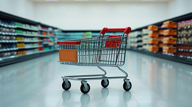 Photo chrome shopping cart in empty supermarket aisle ai generative