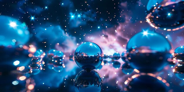 Photo chrome spheres floating in a zerogravity environment with a starry sky in the background emphasize reflections and metallic sheen