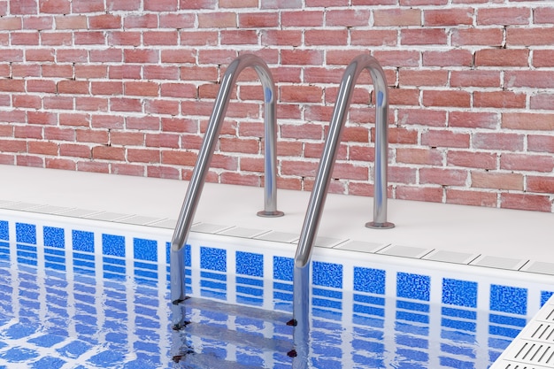 Chrome Swimming Pool Ladder in Swimming Pool in Front of Brick Wall Interior extreme closeup. 3d Rendering