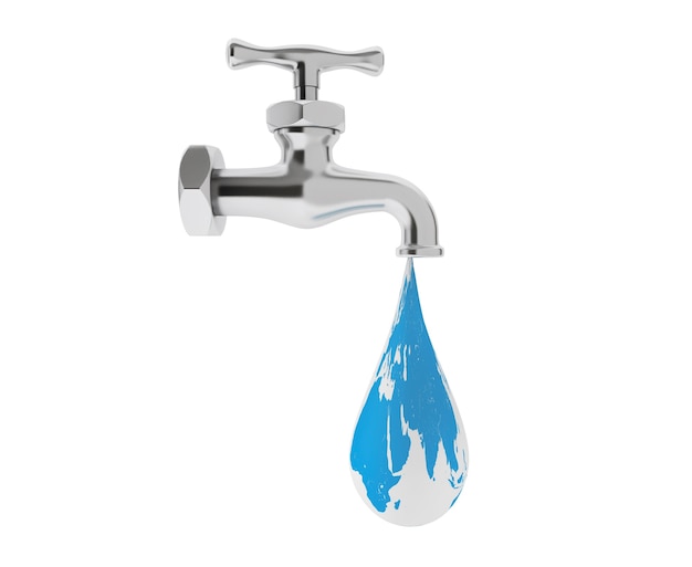 Chrome Water Tap with Earth Globe as Drop on a white background