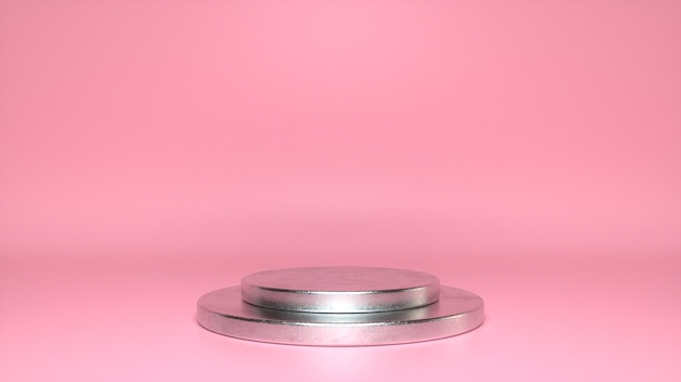 Chromen glanzend podiumvoetstuk op een roze achtergrond Premium Foto