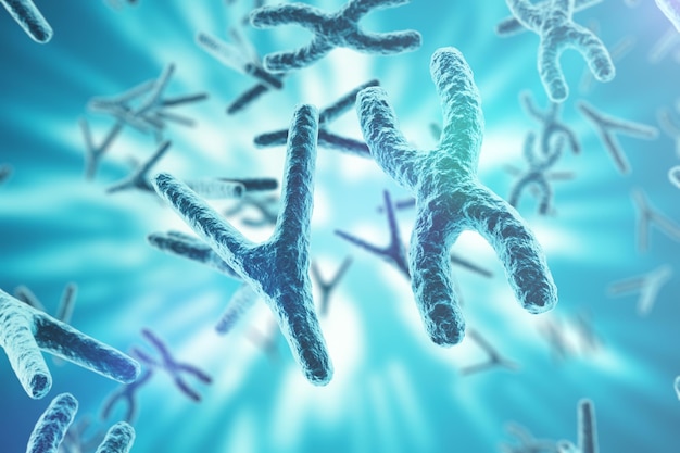 Chromosomen op wetenschappelijke achtergrond Leven en biologie geneeskunde wetenschappelijk concept met focus effect 3D-rendering