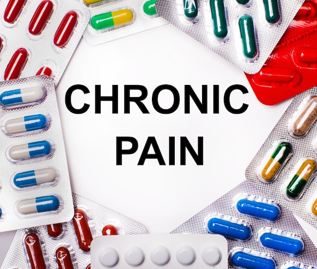 CHRONIC PAIN is written on a light background surrounded by multi-colored packages with pills. Medical concept