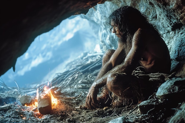 写真 史前時代の生き方 原始的な人間 人類の初期の存在道具文化生存の謎を掘り下げる  進化の過去の古代の時代