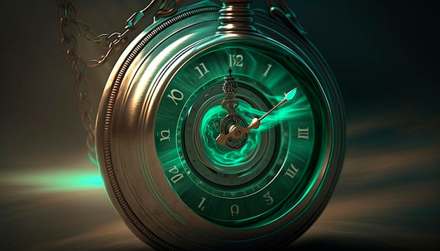 Хронометрический портал с таинственно светящимися карманными часами с космическими завитками