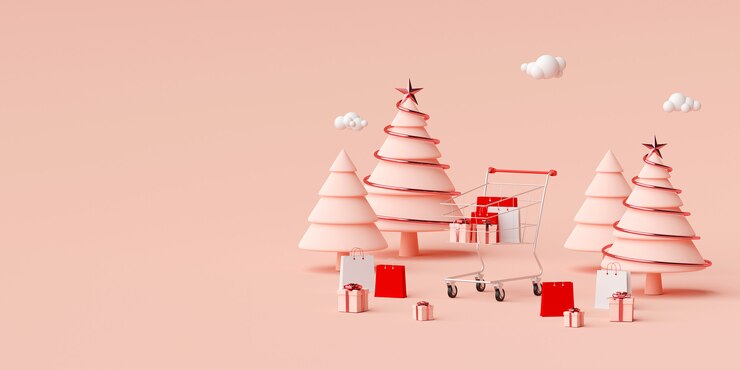 Photo chrsitmas advertisement banner background for web design, shopping bag and gift with shopping cart on pink background, 3d rendering