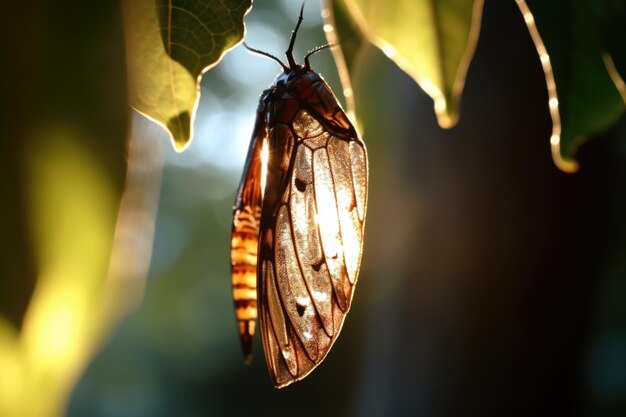 Фото Хризалис, висящий на листе на солнечном свете.