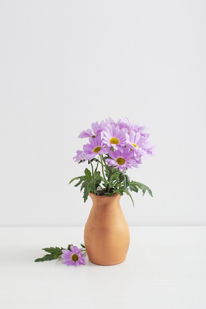 Chrysanten bloemen in keramische vaas op witte achtergrond