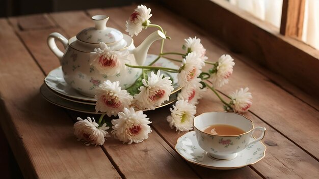 Foto chrysanthemum bloemen thee op tafel