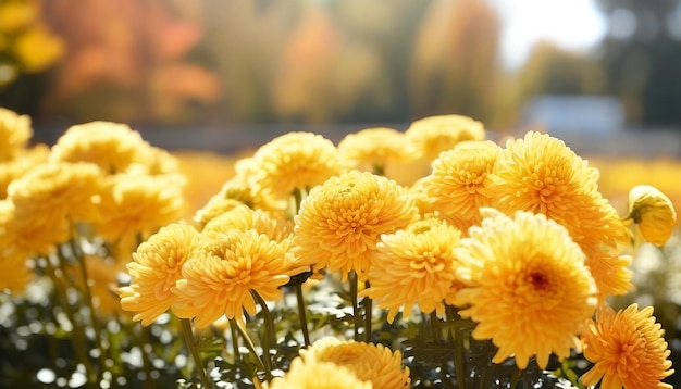 Chrysanthemum blooms flourish outdoors during autumn under the warm rays of the sun
